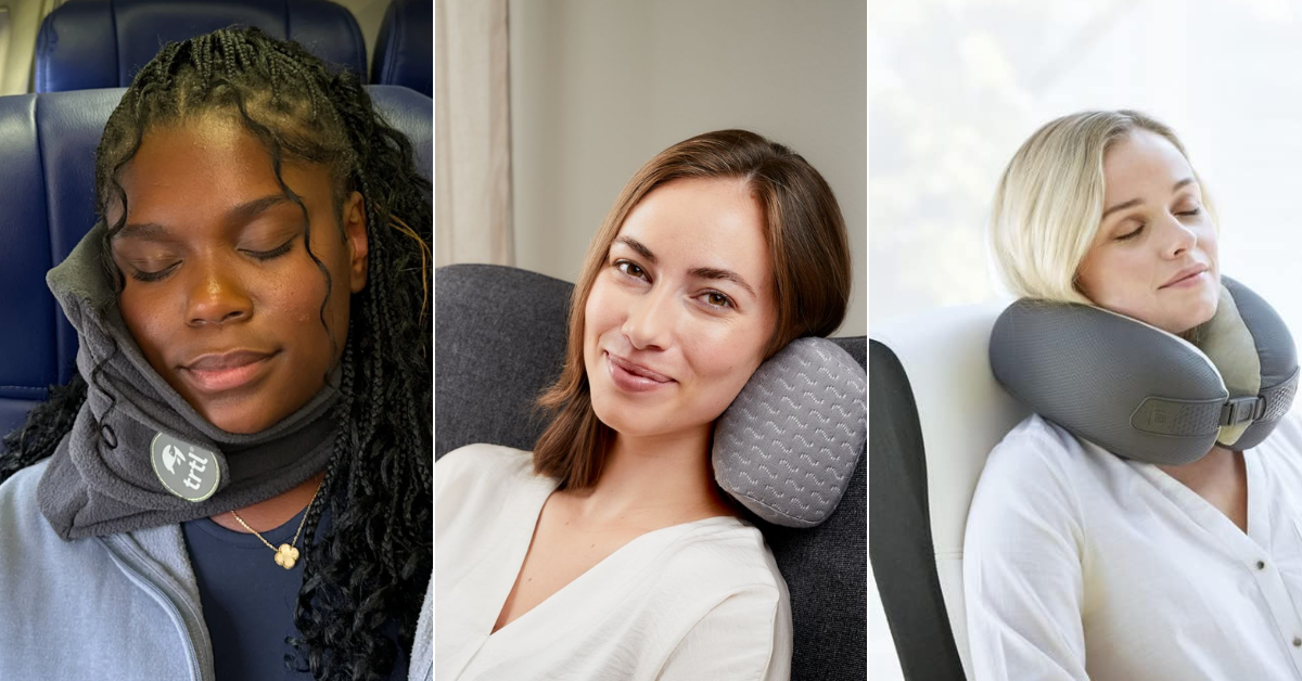 A grid of different travel pillows from Trtl, Jysk and Boots