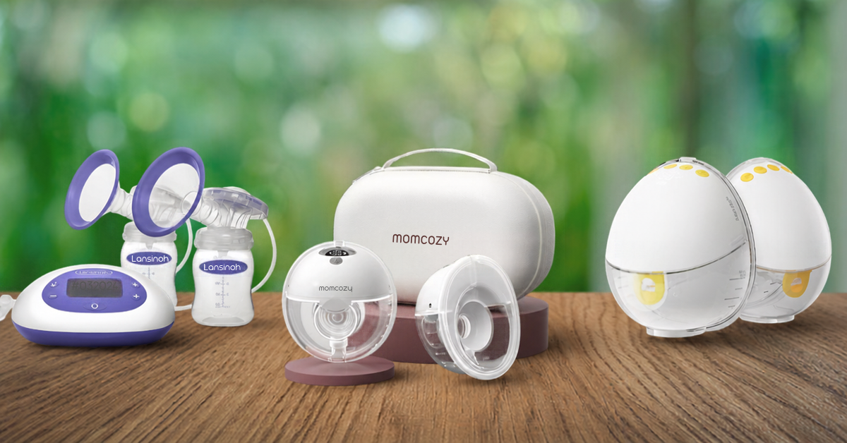 best breast pumps hero image featuring Lansinoh 2 in 1, Momcozy M5 and Medela InBra