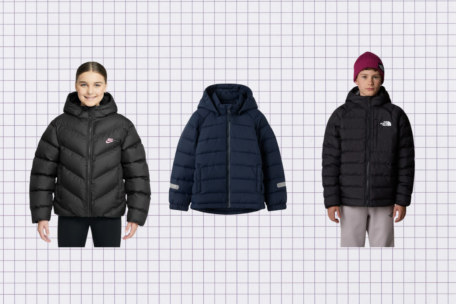A collage of school coats from Nike, North Face and more