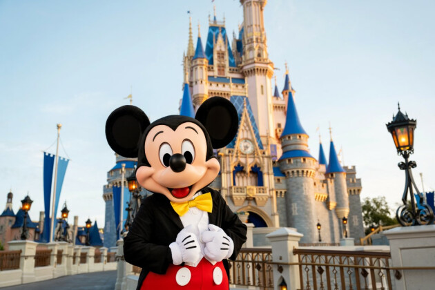 Mickey Mouse stood in front of Cinderella's castle at Magic Kingdom