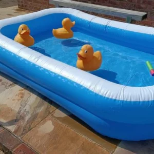 Bestway Family Paddling Pool with three giant rubber ducks floating on the water