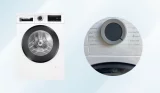 A collage of the Bosch WGG254Z0GB 10KG 1400 Spin Washing Machine and its control panel
