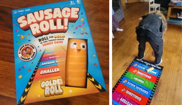 A split image showing the Sausage Roll Party Game box and a child playing the game with their back to the camera