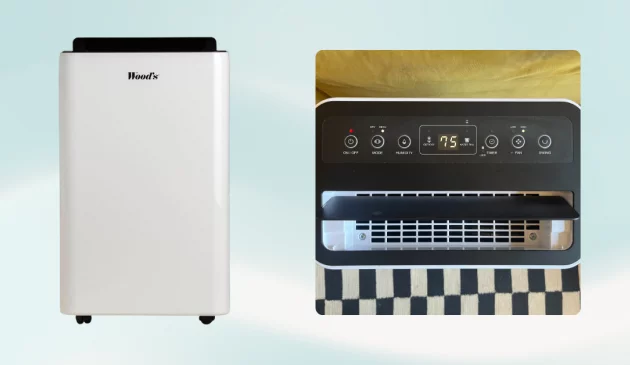 Wood's MRD25GW Dehumidifier being hand tested by journalist Poppy O'Neill