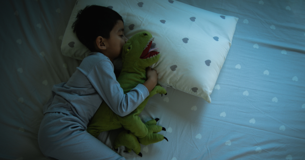 a boy cuddling a dinosaur teddy