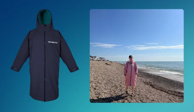 Journalist Poppy O'Neill hand testing the Two Bare Feet Elemental Changing Robe