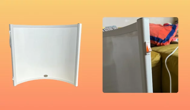 INVO Curved Freestanding Infrared Heater being hand tested by journalist Poppy O'Neill