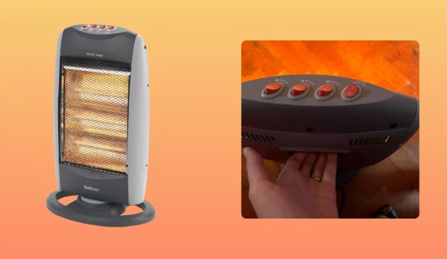 Journalist Poppy O'Neill hand testing the Beldray Oscillating Halogen Heater