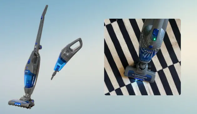 Mumsnet journalist Poppy O'Neill hand testing the Russell Hobbs Centaur 2 in 1 Cordless Vacuum Cleaner