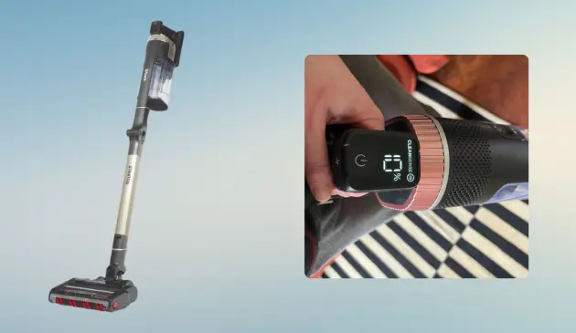 Mumsnet journalist Poppy O'Neill hand testing the Shark Stratos IZ400UK Anti Hair Wrap Plus Cordless Vacuum