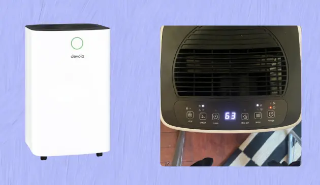 Mumsnet editor Poppy O'Neill hand testing the Devola 12L Compressor Dehumidifier DV12L
