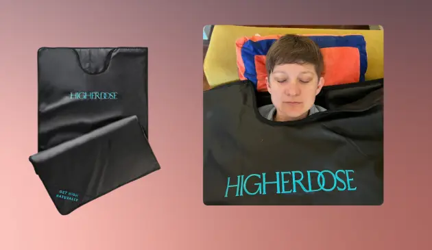 Mumsnet Home editor Poppy O'Neill testing the HigherDOSE Infrared Sauna Blanket