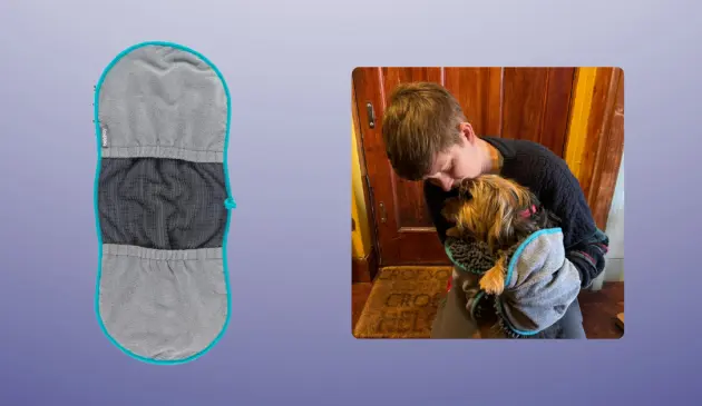 Mumsnet home editor Poppy O'Neill testing the Beldray XL Pet Drying Towel