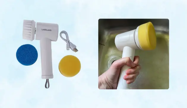 Mumsnet home editor Poppy O'Neill testing the  Lakeland Electric Cordless Scrubber