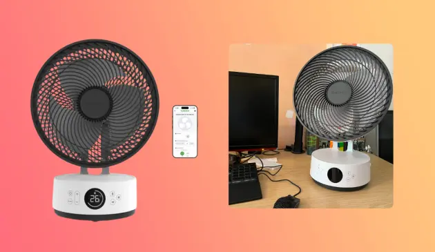Mumsnet home editor Poppy O'Neill testing the Meaco Sefte Pro 10” Table Air Circulator