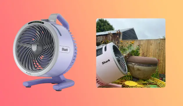 Mumsnet home editor Poppy O'Neill testing the Shark FlexBreeze HydroGo Pro Misting Fan