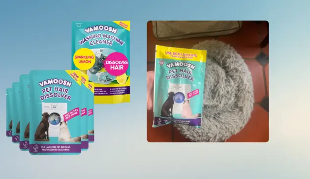 Mumsnet home editor Poppy O'Neill testing the Vamoosh Pet Hair Dissolver and Washing Machine Cleaner