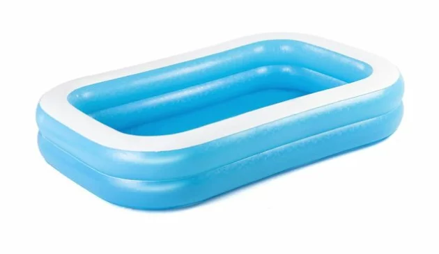 A blue and white rectangular paddling pool