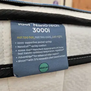 The label and details on the Bensons for Beds iGel NanoTech 3000i Mattress
