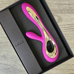 A view of the LELO SORAYA rabbit vibrator in its box from above