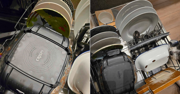 Ninja CRiSPi glass containers in dishwasher with plates and other kitchenware being cleaned