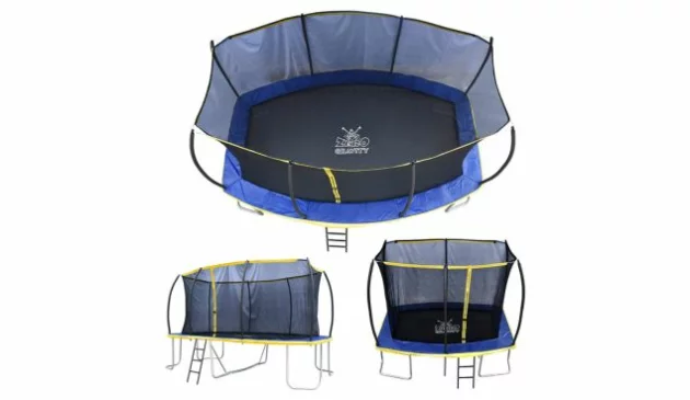 A bird's eye view of a rectangular black, blue and yellow trampoline