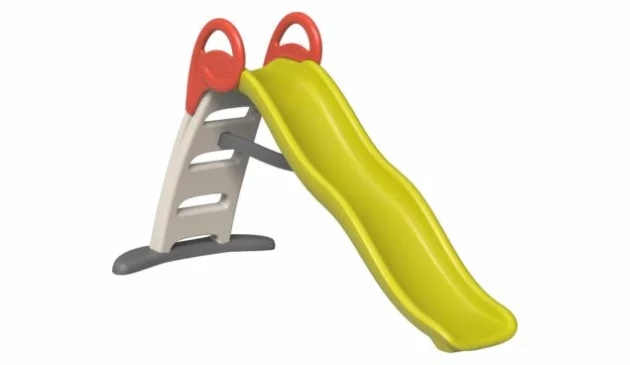 A long green slide with orange handles and light grey steps.