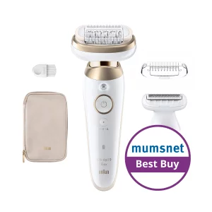 A product image of the Braun Silk-épil 9 Flex with a Mumsnet best buy logo over the top