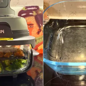 Ninja CRiSPi air fryer cooking breaded food and broccoli with glass container showing condensation