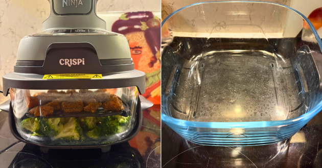 Ninja CRiSPi air fryer cooking breaded food and broccoli with glass container showing condensation