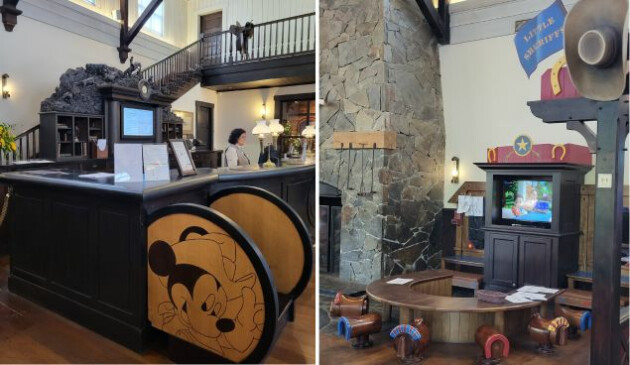 The information desk and Little Sheriffs children's play area, with a horsehoe table and a TV showing cartoons