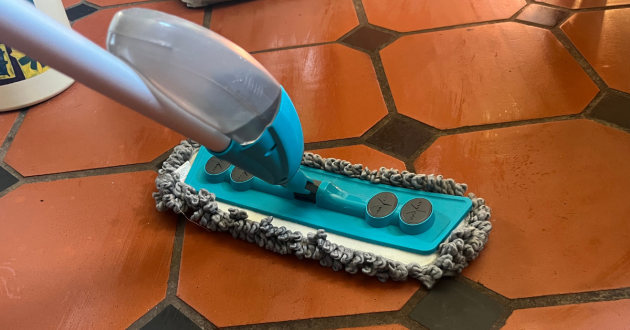 Mumsnet home editor Poppy O'Neill testing the Beldray Antibac Pet Plus+ 2-in-1 Spray Mop