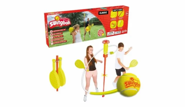 A red and yellow box containing the children's game Swingball. Below a boy and a girl are playing the game with two plastic yellow bats.