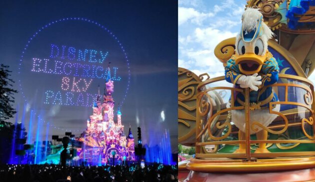 The Disney Electrical Sky Parade drones behind the Sleeping Beauty Castle. And Donald Duck.