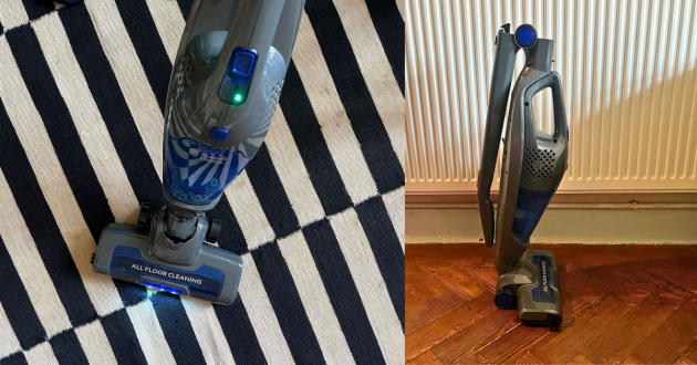 Mumsnet journalist Poppy O'Neill hand testing the Russell Hobbs Centaur 2 in 1 Cordless Vacuum Cleaner