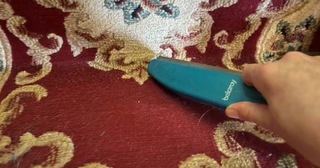 Mumsnet home editor Poppy O'Neill testing the Beldray Antibac Pet Plus+ Upholstery Brush