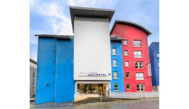 a blue, white and red hotel