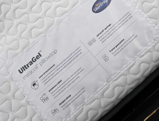 A closeup of the Silentnight UltraGel Miracoil Pillowtop mattress features