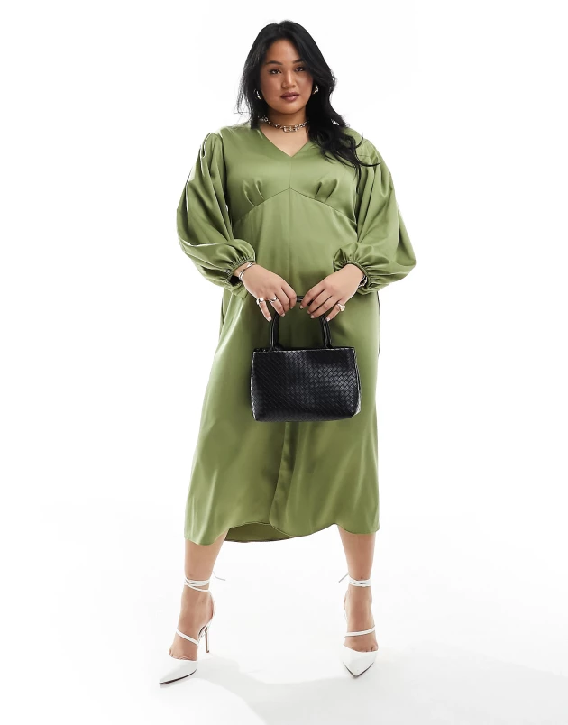 Closet London Plus Balloon Sleeve Midaxi Dress in Olive