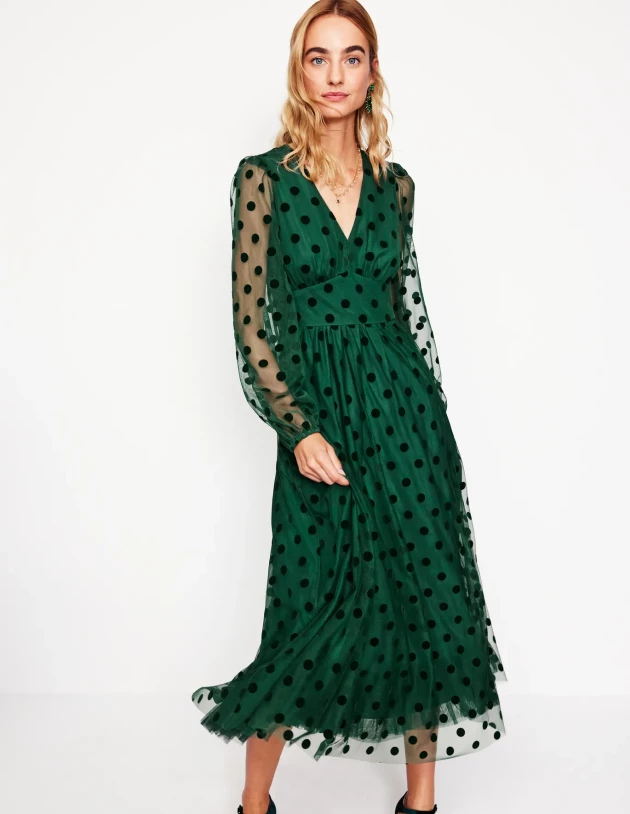 A model wearing Boden's Christina tulle midi dress in green