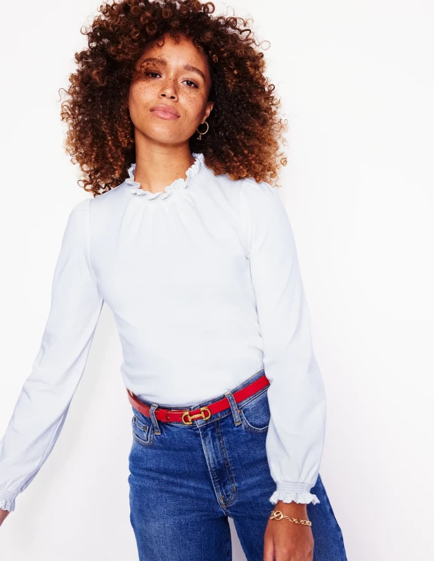 Broderie smock neck top in white