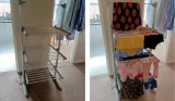 Two side by side images of a chrome 3-tier heated airer in someones's hallway, with brown carpet and cream walls. One airer is empty, the other is filled with colourful children's clothing