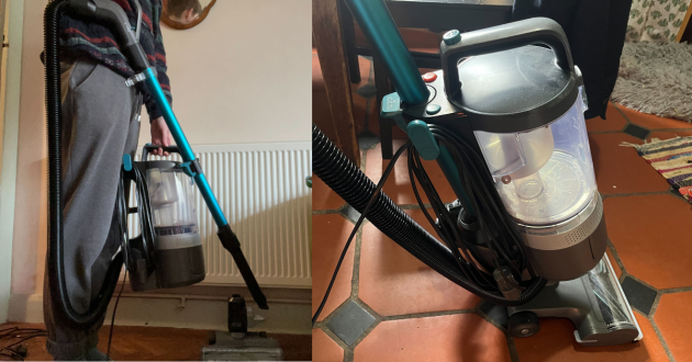 Mumsnet journalist Poppy O'Neill hand testing the Vax LiftOut Reach Pet Design vacuum cleaner