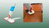 Mumsnet home editor Poppy O'Neill testing the OXO Good Grips Microfibre Spray Mop