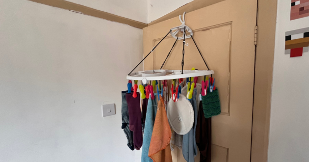 The Lakeland 16 Soft Grip Pegs Smalls Dryer on the back of a door