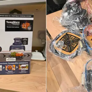 Ninja CRiSPi unboxed with TempWare glass containers, cooking racks, and accessories on wooden surface