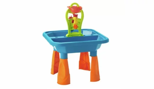 A plastic water table with four orange legs, a blue tray and multicoloured toys sitting in the middle