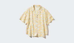 Linen blend printed open collar short sleeved shirt
