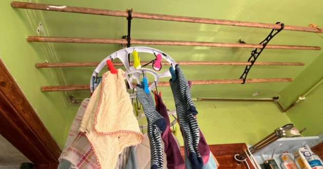 The Lakeland 16 Soft Grip Pegs Smalls Dryer hanging in a cupboard