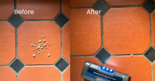 Mumsnet journalist Poppy O'Neill hand testing the Russell Hobbs Centaur 2 in 1 Cordless Vacuum Cleaner